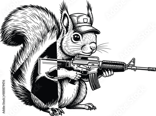 Tactical military squirrel wearing cap and holding assault rifle, funny black and white rodent soldier vector, army character, cad drawing flat vector illustration