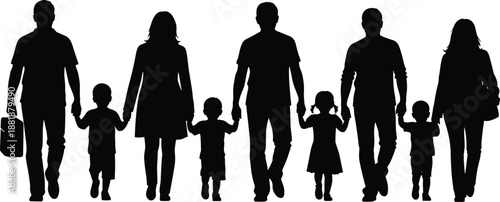 Silhouettes of adults and children holding hands in a row, family and unity theme illustration, transparent background graphic