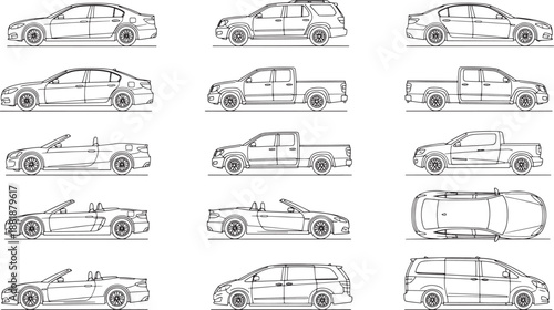 A monochrome lineup of automobiles, showcasing diverse car models in a minimalist, graphic design.