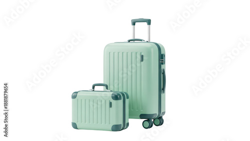 Two green suitcases with wheels on transparent background for travel