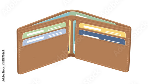 Brown open wallet with colorful cards flat vector illustration on a clean white background.
