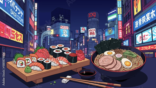 vector of Savory sushi and ramen in the vibrant streets