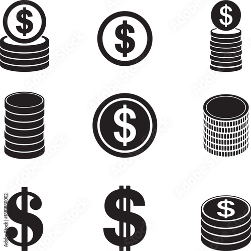 Black Dollar Sign Coins Stacks on White Background