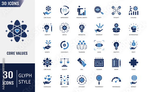 Core values icon set. Containing acceptance, achievement, adaptability, authenticity, autonomy, balance, badness and more. Vector illustration