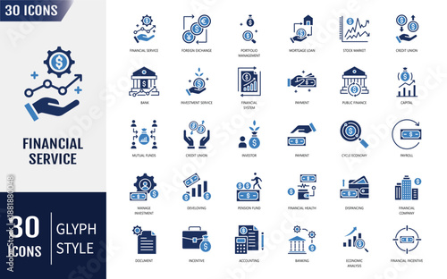 Financial service icon set. Containing bank, advisor, money, insurance, foreign exchange, mutual funds and more. Vector illustration