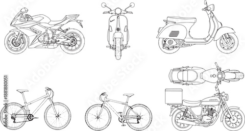 An assortment of meticulously drawn monochrome vehicles, each a masterpiece of minimalist line art, presented against a clean canvas. A motorcycle, scooter.