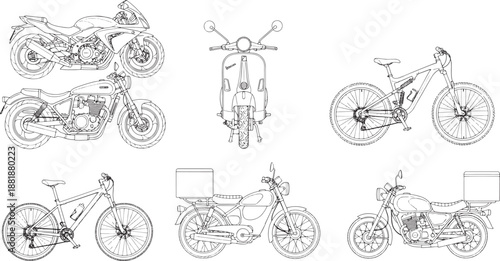 A diverse collection of line art illustrations showcases a variety of transport, from speedy motorcycles to practical scooters, elegant bikes, and other transport options.
