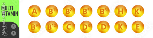 Set of Multi Vitamin complex icons. Multivitamin supplement. Vitamin A, B group B1, B2, B3, B5, B6, B9, B12, C, D, D3, E, K, H, K1, PP. Essential vitamin complex. Healthy life concept
