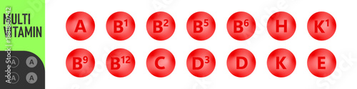 Set of Multi Vitamin complex icons. Multivitamin supplement. Vitamin A, B group B1, B2, B3, B5, B6, B9, B12, C, D, D3, E, K, H, K1, PP. Essential vitamin complex. Healthy life concept
