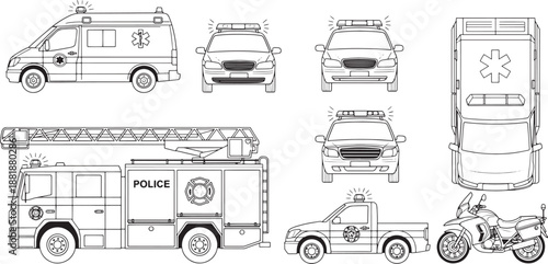 A detailed illustration of emergency vehicles representing community safety, each presented in a clean, professional aesthetic for diverse uses.
