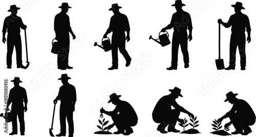 Silhouettes of person performing gardening tasks with tools and plants, farming and horticulture theme illustration, transparent background graphic