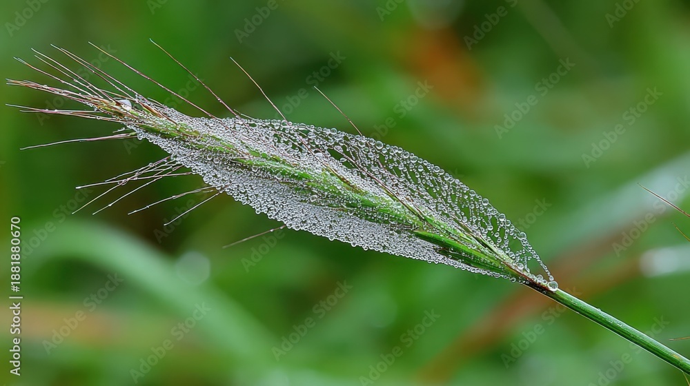 Fototapeta premium Delicate Dewdrops Adorning a Blade of Grass in Morning Light