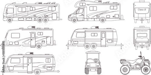 A diverse lineup of recreational vehicles and transportation options, embodying freedom and adventure, stand ready for the open road, depicted in a modern and clean style.