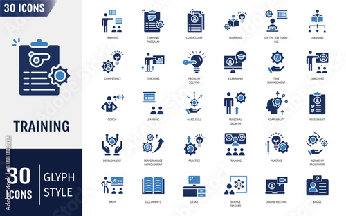 Training icon set. Team building, workshop, coaching, teamwork, meeting, managing, coaching, motivation and more. Editable stroke. Vector illustration