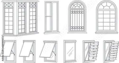 Showcasing a collection of architectural window styles. This display diverse range of designs, from traditional frames to modern styles. 