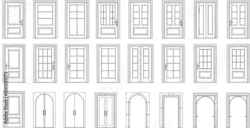 A comprehensive collection of diverse door designs, presented in a clean, minimalist style, perfect for architectural visualization or design projects.