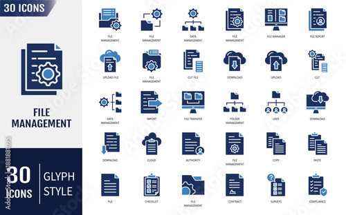 File management icon set. Data, folder, lock, login, sync, lock, search and more. Vector illustration