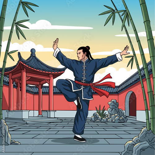 vector of Chinese martial arts illustration, kung fu master performing wushu pose