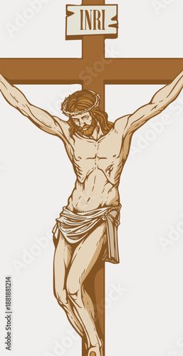 Vector illustration of the religious symbol crucifixion. Jesus Christ, the Son of God in a crown of thorns on his head, a Catholic symbol. Cross with crucifix and inscription INRI