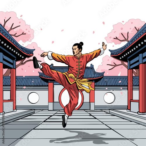 vector of kung fu master performing wushu pose