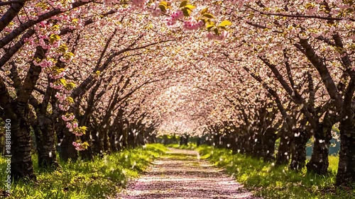 Wallpaper Mural Blossom Pathway A serene tracking shot moving slowly along a winding path or natural lane, lined with fully bloomed cherry blossom trees, creating a tunnel of flowers overhead. Torontodigital.ca