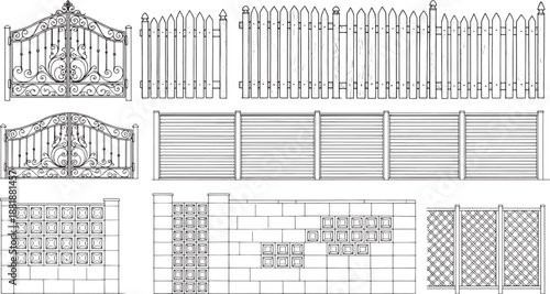 A comprehensive array of fencing styles and gates. Showcasing an array of designs, perfect for architectural, construction, and landscaping projects.