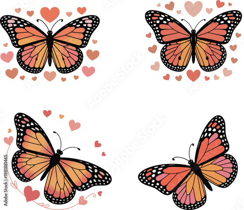 Monarch Butterflies with Hearts Isolated on White Background