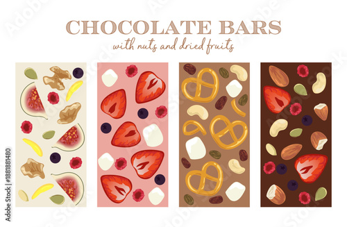Chocolate bars with fruits, nuts and pretzels – vector illustration