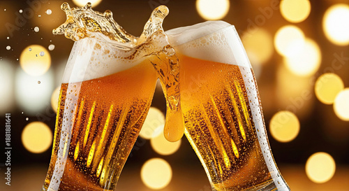 Two glasses of beer clinking together with golden liquid splashing out transparent background