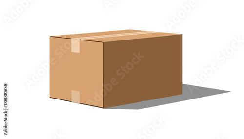Cardboard box closed sealed with tape on white background casting a shadow simple clean isolated