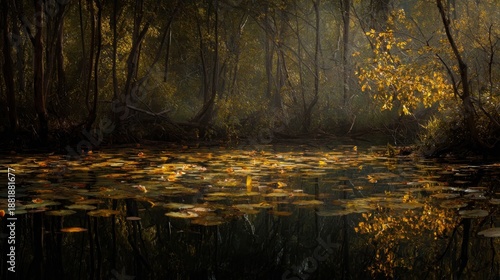 Autumn forest scene with golden leaves floating on dark water, reflecting trees