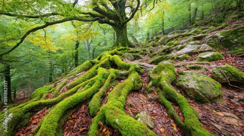 Ancient Gnarled Tree Roots Covered in Lush Green Moss on Forest Floor