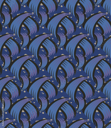 Striped, smoothly curved, shapes and beige specks create a seamless pattern.