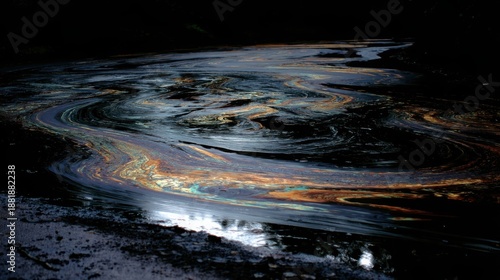 Abstract swirls of mud and water in a churned paddy field creating an iridescent, marbled texture