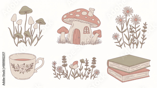 Whimsical cottagecore illustration set with mushrooms flowers teacup and books perfect for fantasy or nature-themed designs