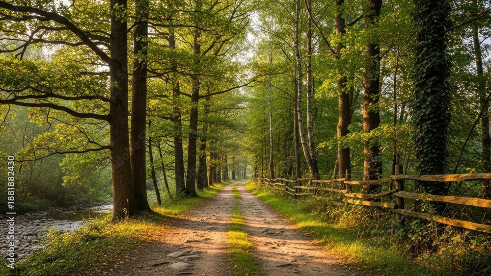 Obraz premium serene forest path with wooden fence and stream