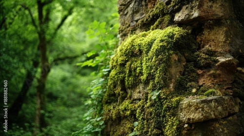 Vibrant green moss clings to ancient stone structure, showcasing natural growth and weathered texture in a forest setting.