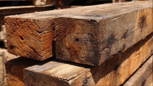 Close-up of aged, rough wooden planks with prominent grain and knots, showcasing natural texture and rustic appeal