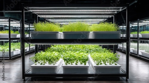 Lush green leafy vegetables thriving in a multi-tiered vertical hydroponic farm system under bright LED lighting