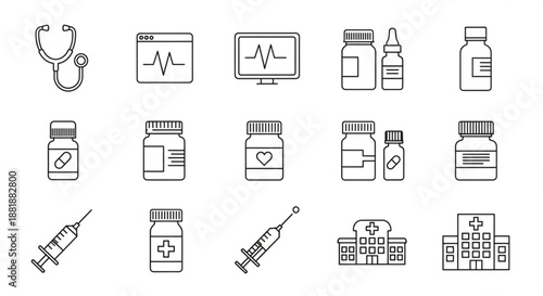 Medical icon set showcasing healthcare and pharmaceutical concepts including stethoscope ecg monitor medicine bottles and syringes in a clean minimalist line art style