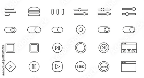 Diverse thin line interface icons menu burger settings onoff switches stop play send buttons and browser windows for web design and app development
