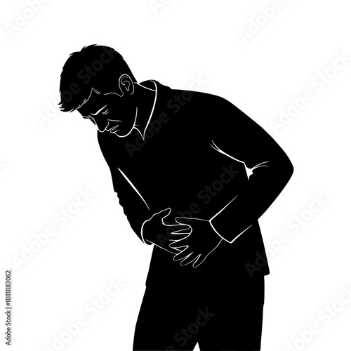 silhouette of a man with a stomachache against a white background
