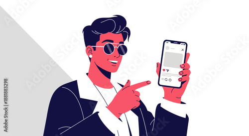 Stylish man pointing at social media content on smartphone.