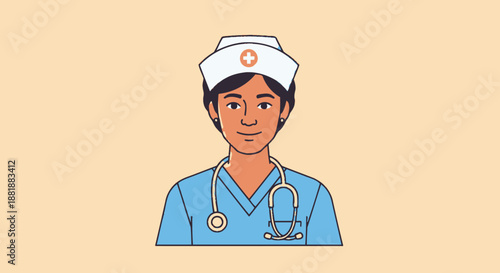 A friendly female nurse character with a stethoscope and uniform.