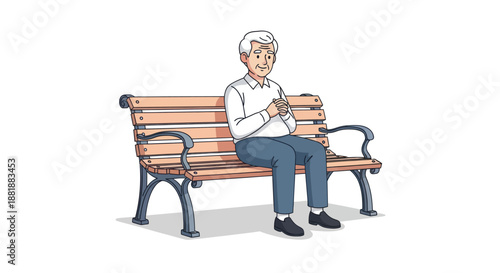 Elderly man happily sitting on a park bench, enjoying a moment of peace.