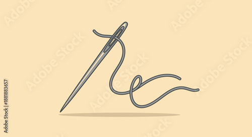 Illustration of a sewing needle threaded with gray thread on a light background.