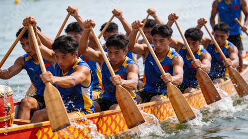Dragon boat racing team in action