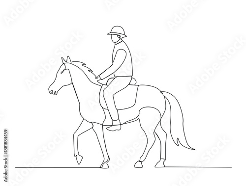 Continuous one line art drawing of man riding horse vector illustration. Equestrian in action illustration Editable stroke.