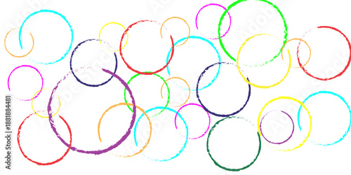 Multicolored abstract grunge hand drawn circle stamps textile print. Circular splotch overlapping elements seamless pattern. Grunge texture circle stamps textile print.