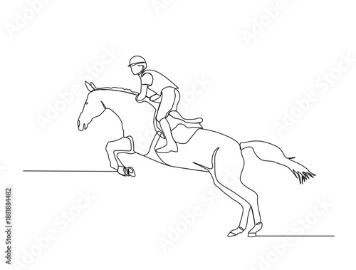 Continuous one line art drawing of man riding horse vector illustration. Equestrian in action illustration Editable stroke.